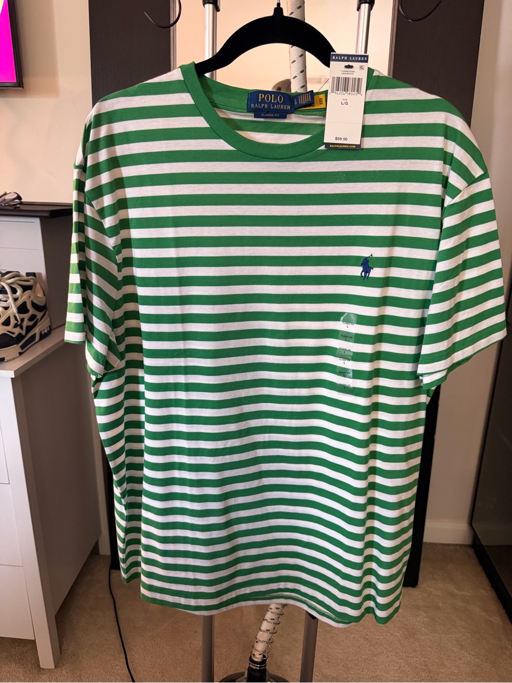 Ralph Lauren Green and White Striped Crew Neck Tee sz L